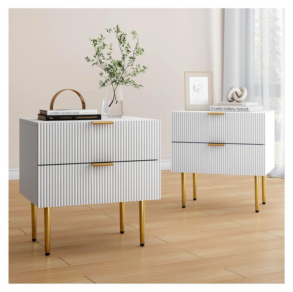 Weißer Nachttisch mit 2 gewellten Schubladen und goldenen Metallbeinen, Schlafzimmer-Set mit breiter Tischplatte, Nachttisch für das Wohnzimmer