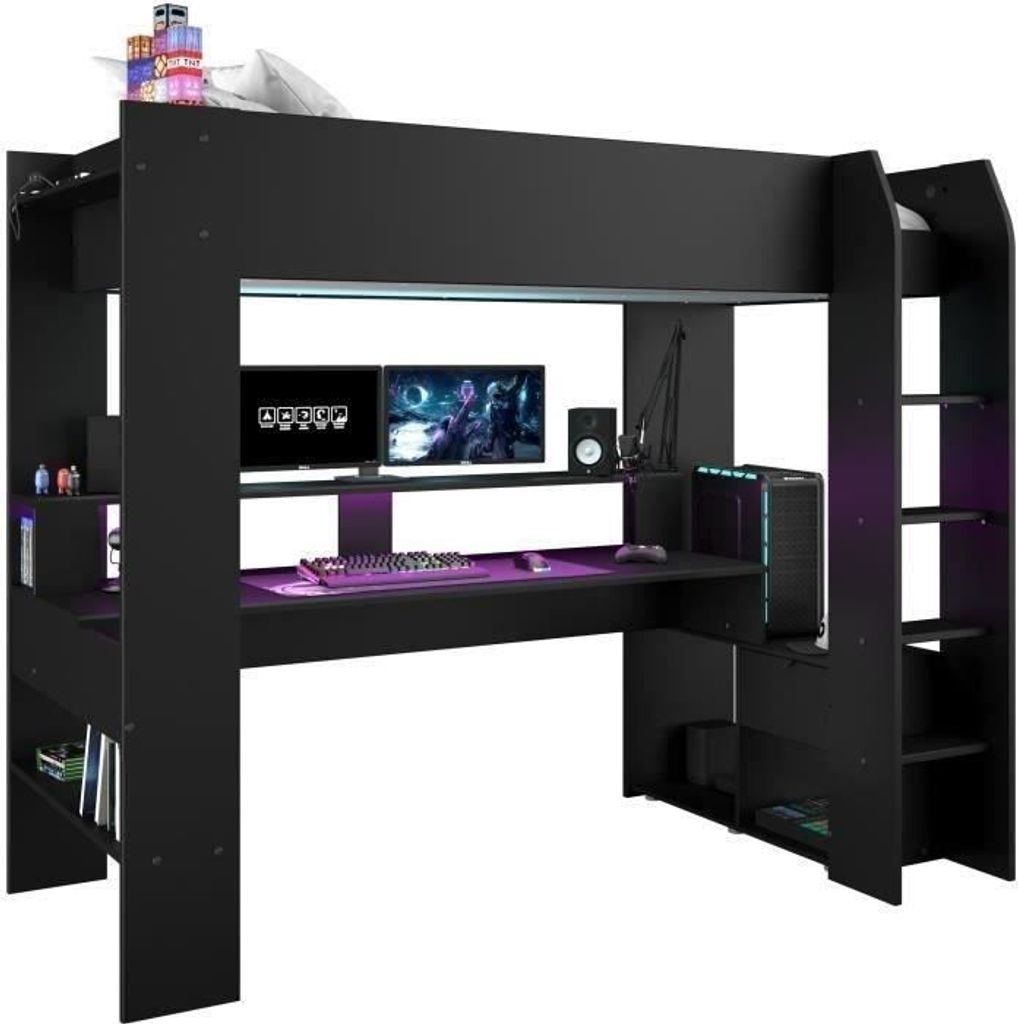 Lit Mezzanine Enfant Gamer LED ONLINE, 90 x 200 cm, Noir Image du produit 
