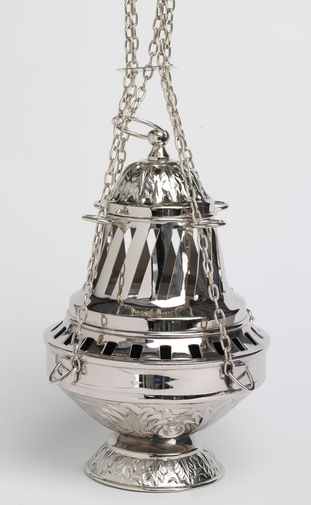 Weihrauchfass mit Kette zum Hängen aus Messing vernickelt Silber Santiago Serie Höhe 27 cm mit Innenschale aus Stahl für die Räucherkohle