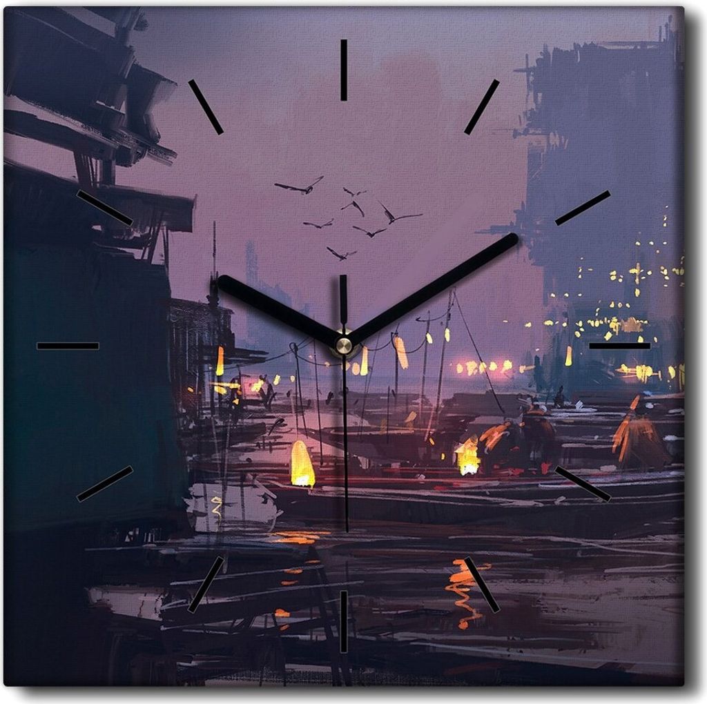Coloray Uhr auf Leinwand 30x30 cm Wand Uhr Dekoration Wohnzimmer Segeltuch schwarze Hände -Boot Hafenstadt Nacht