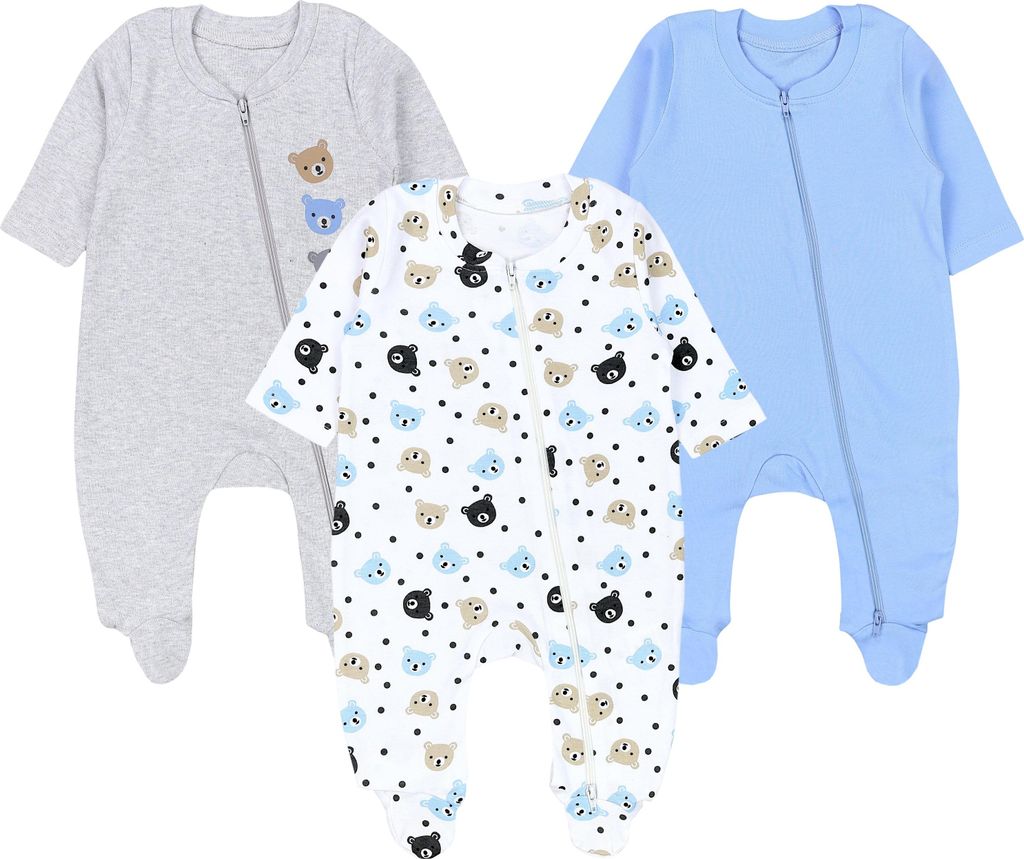 TupTam Baby Unisex Schlafstrampler Mädchen Schlafanzug mit Fuß Jungen Spieler 3er Pack, Farbe: Bären/Hellblau, Größe: 80