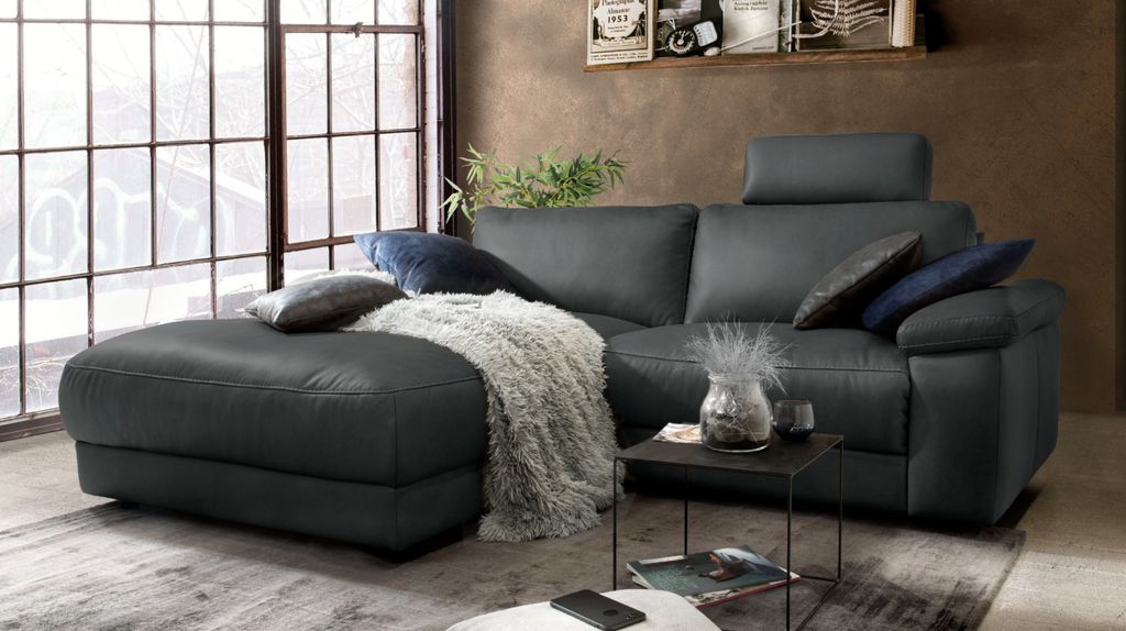 KAWOLA Sofa LOLA Ecksofa Leder schwarz mit motorischer Relaxfunktion Recamiere links