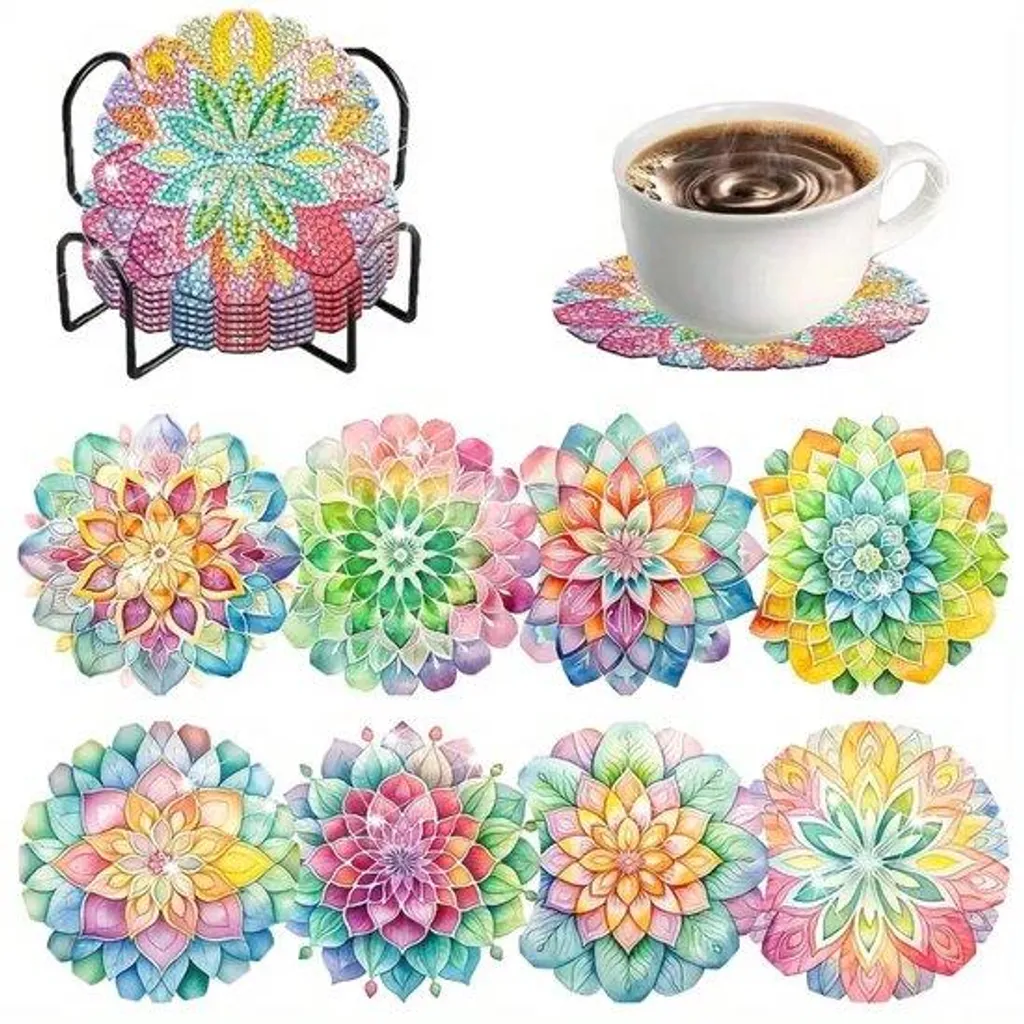 Kit Broderie Diamant 5D Fleurs avec 8 Supports Antidérapants en Liège