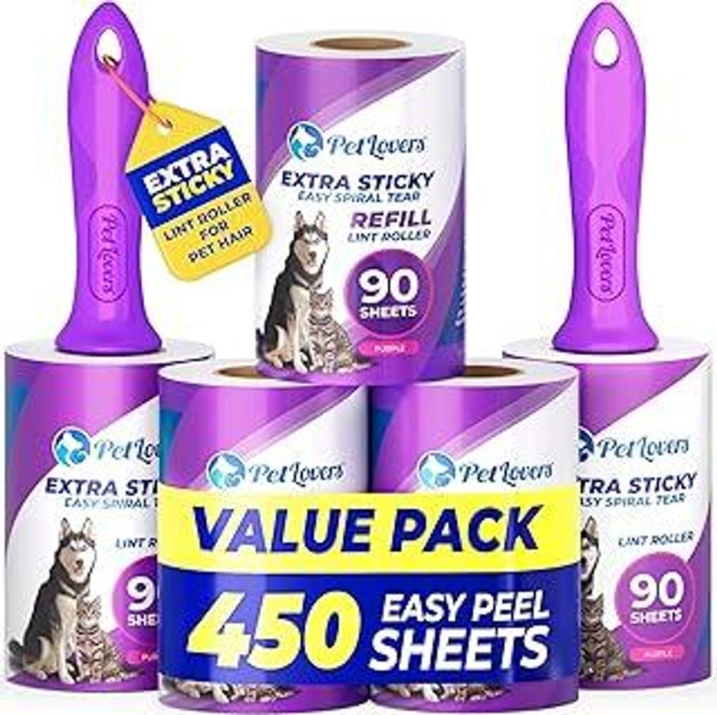 PetLovers Extra stark haftende Fusselrolle Mega-Vorteilsset mit 450 Blättern zum Entfernen von Tierhaaren und Fusseln von Kleidung, Hunde- und Kat...
