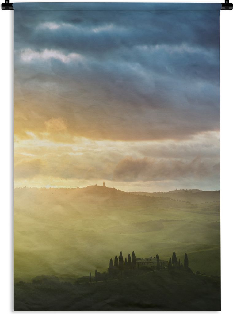 MuchoWow Wandteppich Wandbehang Nebel - Sonne - Berg - Toskana 90x135 cm Tapisserie Dekoration Wandtuch - Baumwolle - Wandskulptur