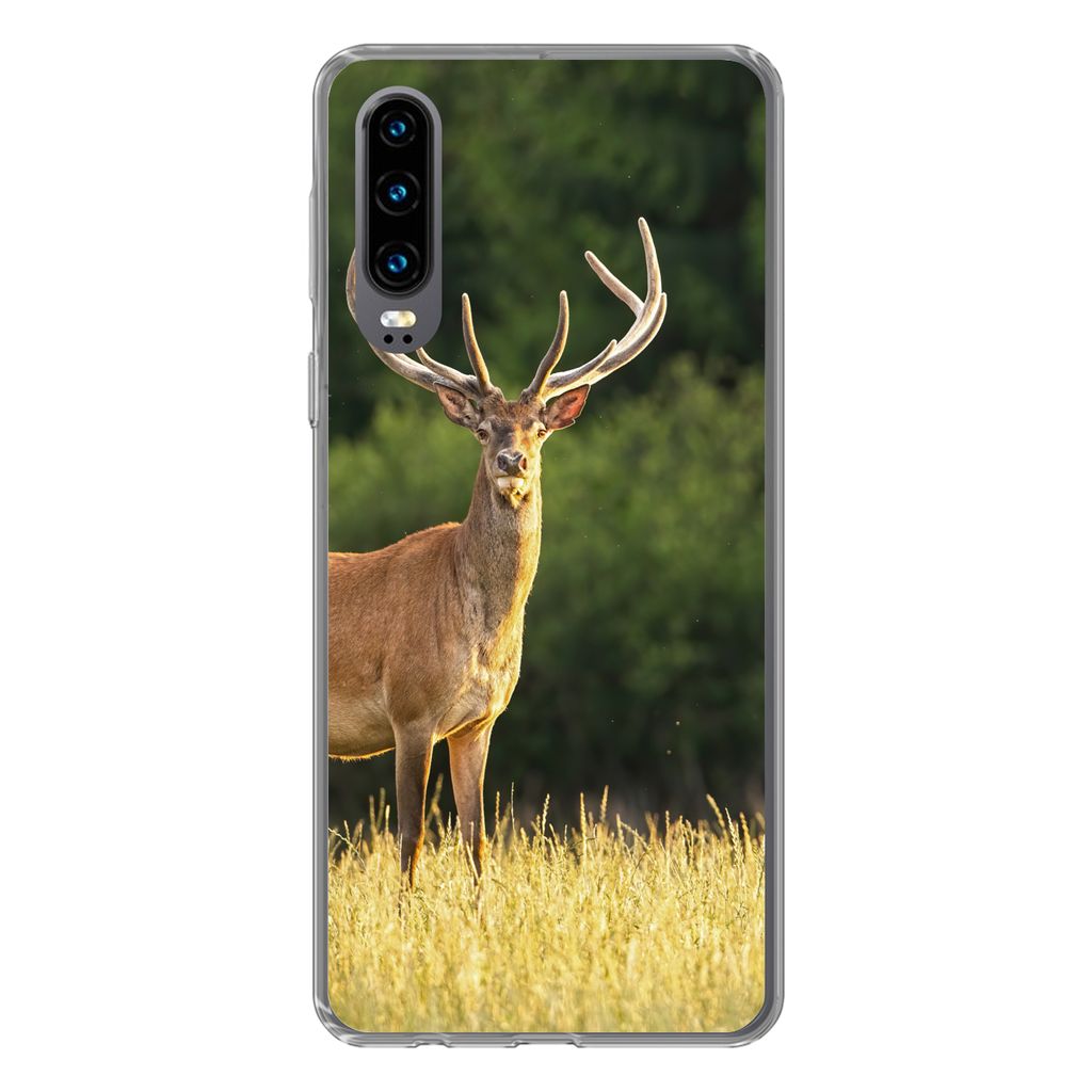 MuchoWow Handyhülle Schutzhülle Hülle für Huawei P30 Hirsch - Geweih - Gras - Natur - Tiere - Grün Silikon Softcase Handy Hülle - Kartenbes...