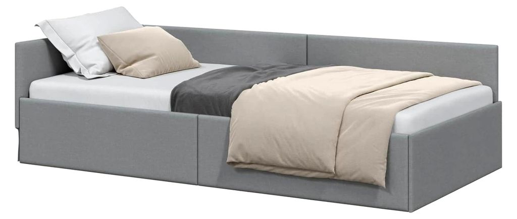 Eckbettgestell mit Kopfteil in Hellgrau 100 cm x 200 cm aus Samt, platzsparendes L-förmiges Bettgestell, modernes Sofa für flexibles Schlafzimmer