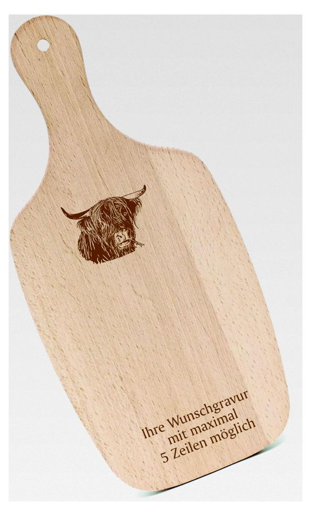 Schneidebrett Frühstücksbrettchen mit Gravur - Galloway Rind - mit Griff 330x150 Holzbrett