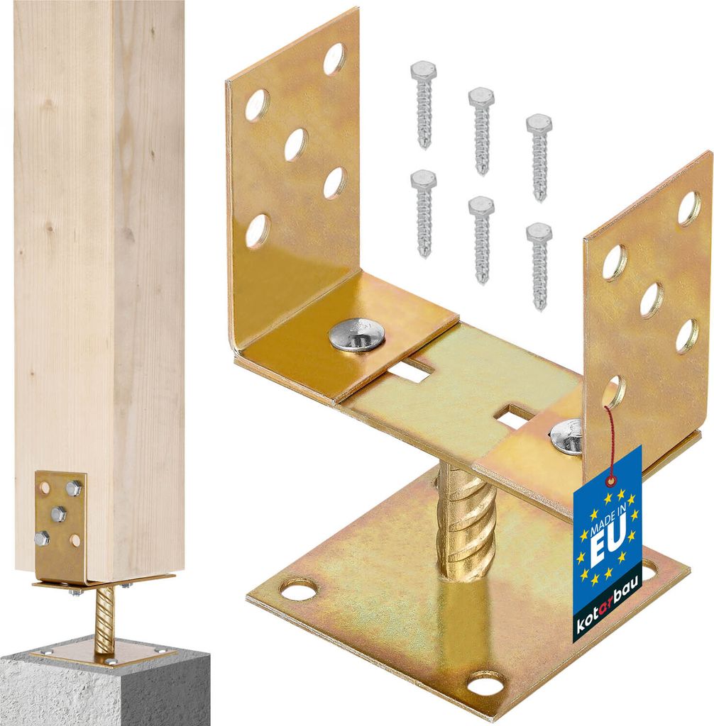 A product image showing a wooden post secured to a concrete base with a metal bracket, and a separate display of the metal bracket hardware and screws.
