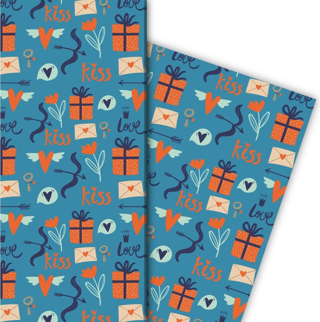 Romantisches Liebes Geschenkpapier mit Love, kiss und Blumen auf blau - G7639, 32 x 48cm