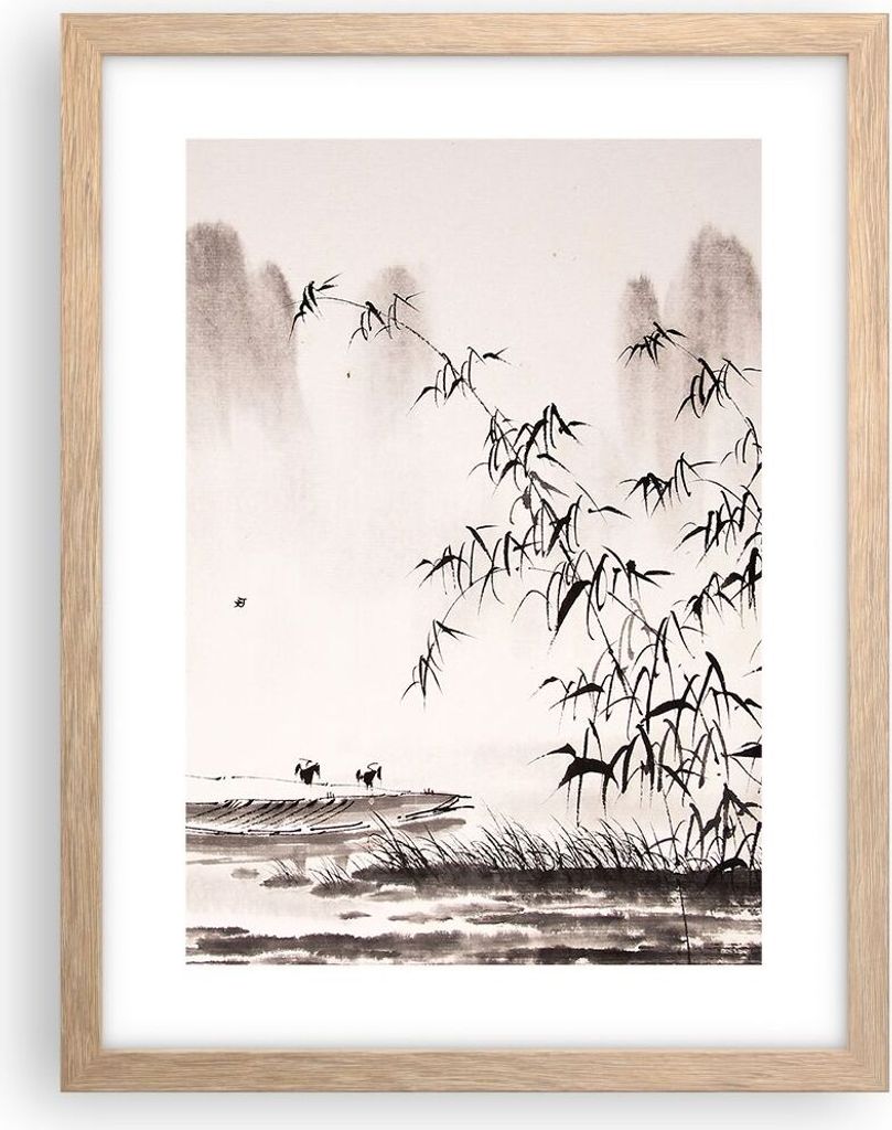 Gerahmtes Poster - Rahmen in heller Eiche - Bambus schwarz China - 30x40 cm - Wand Bild - Wanddeko - Wandbilder - Wandposter - Bilderrahmen - Bilde...