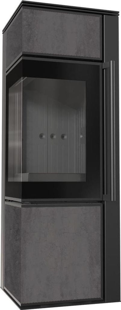 Kaminofen aus Stahl KRATKI TORA/S 8 kW Ø 150 Quarzsinter NATURALI PIETRA DI SAVOIA ANTRANCITE BOCCIARDATA schwarz Verkleidung mit Türfeder