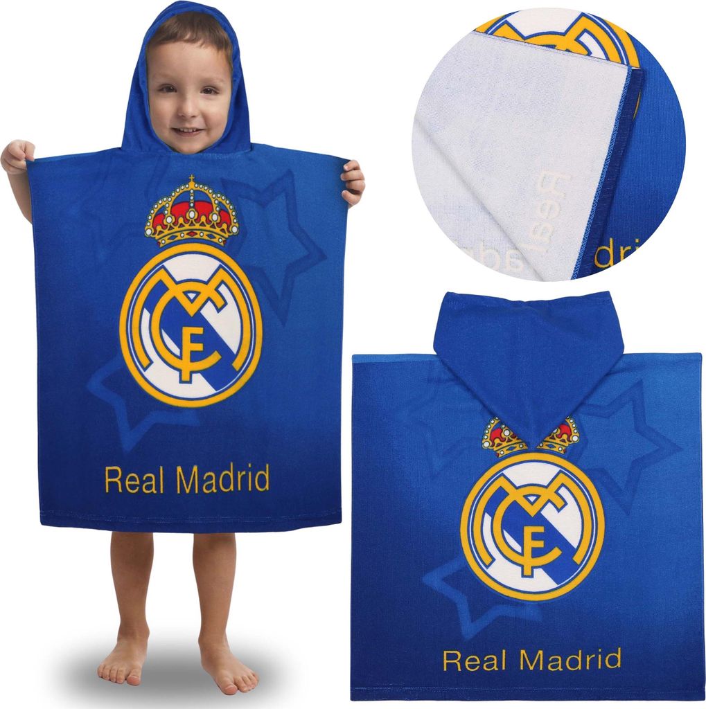 Real Madrid Kinder-Schwimmbadhandtuch, SCHNELLTROCKNENDER Poncho mit Kapuze für Kinder 55x110 cm