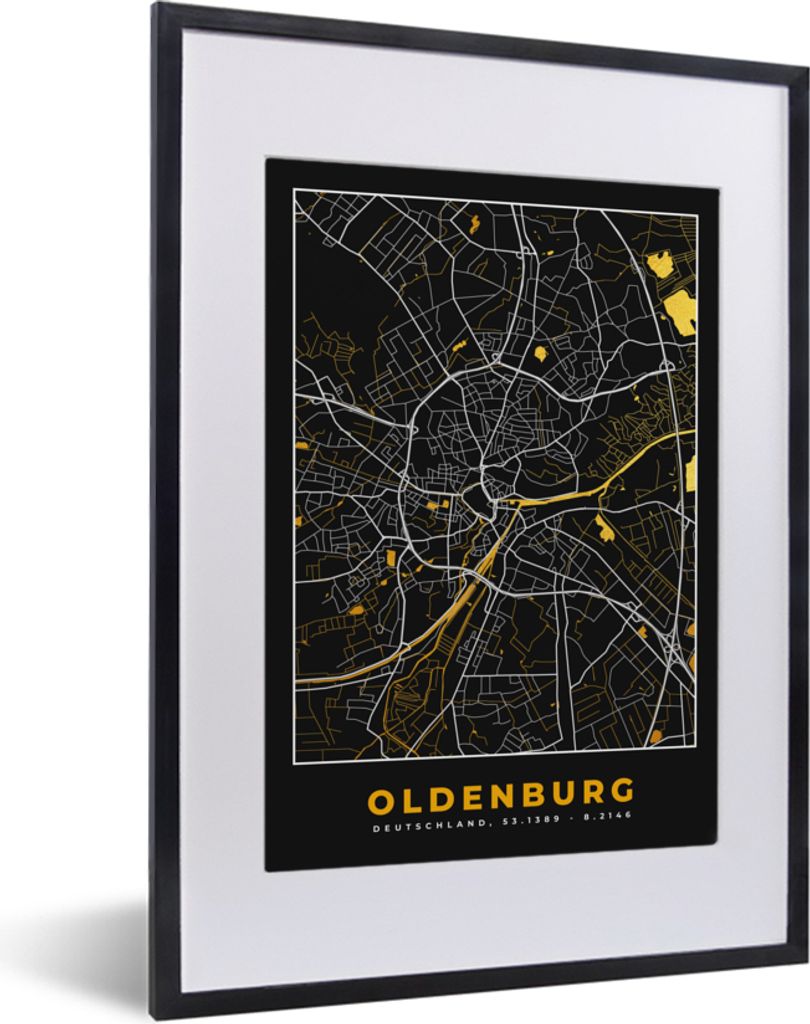 MuchoWow Gerahmtes Poster Oldenburg - Deutschland - Gold - Stadtplan - Karte 30x40 cm - Poster mit Schwarzem Bilderrahmen Wandposter Rahmen Foto ...