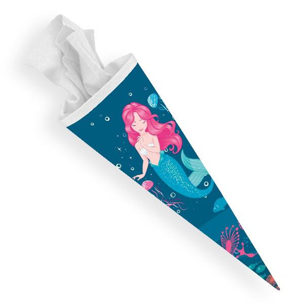 itenga Schultüte Zuckertüte 70cm rund Meerjungfrau Filzverschluss weiß
