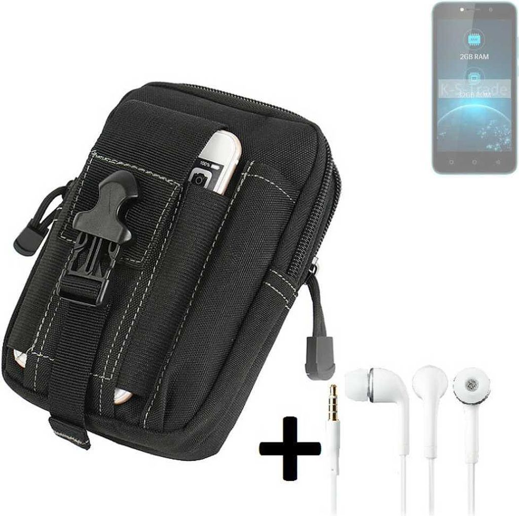 K-S-Trade Gürteltache + Kopfhörer kompatibel mit Lava Z21 Gürtel Tasche Holster Schutz Hülle Handy Hülle schwarz inkl. Extrafächer