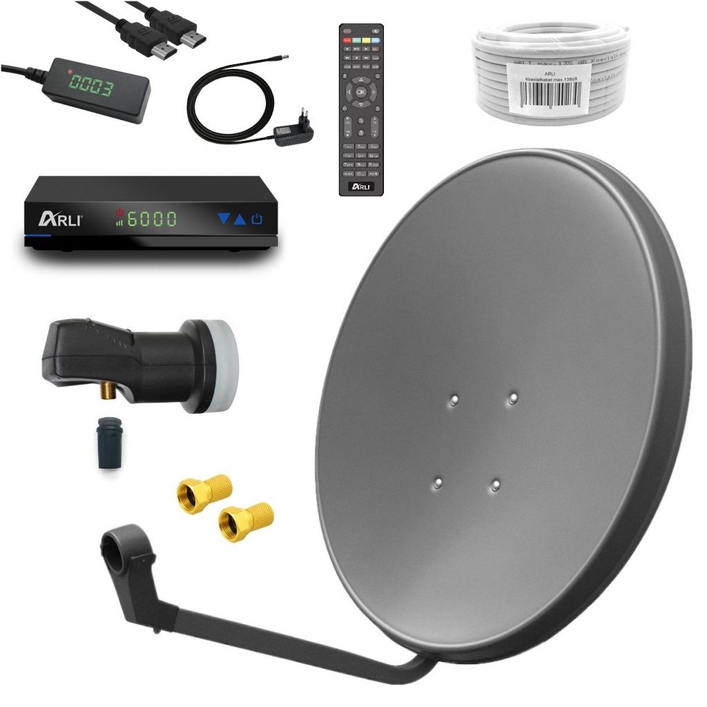 ARLI HD Sat Anlage 60 cm Grau Komplettset mit Receiver LNB 10 m Kabel & F-Stecker – Satellitenschüssel für 1 Teilnehmer DVB-S2 Full HD