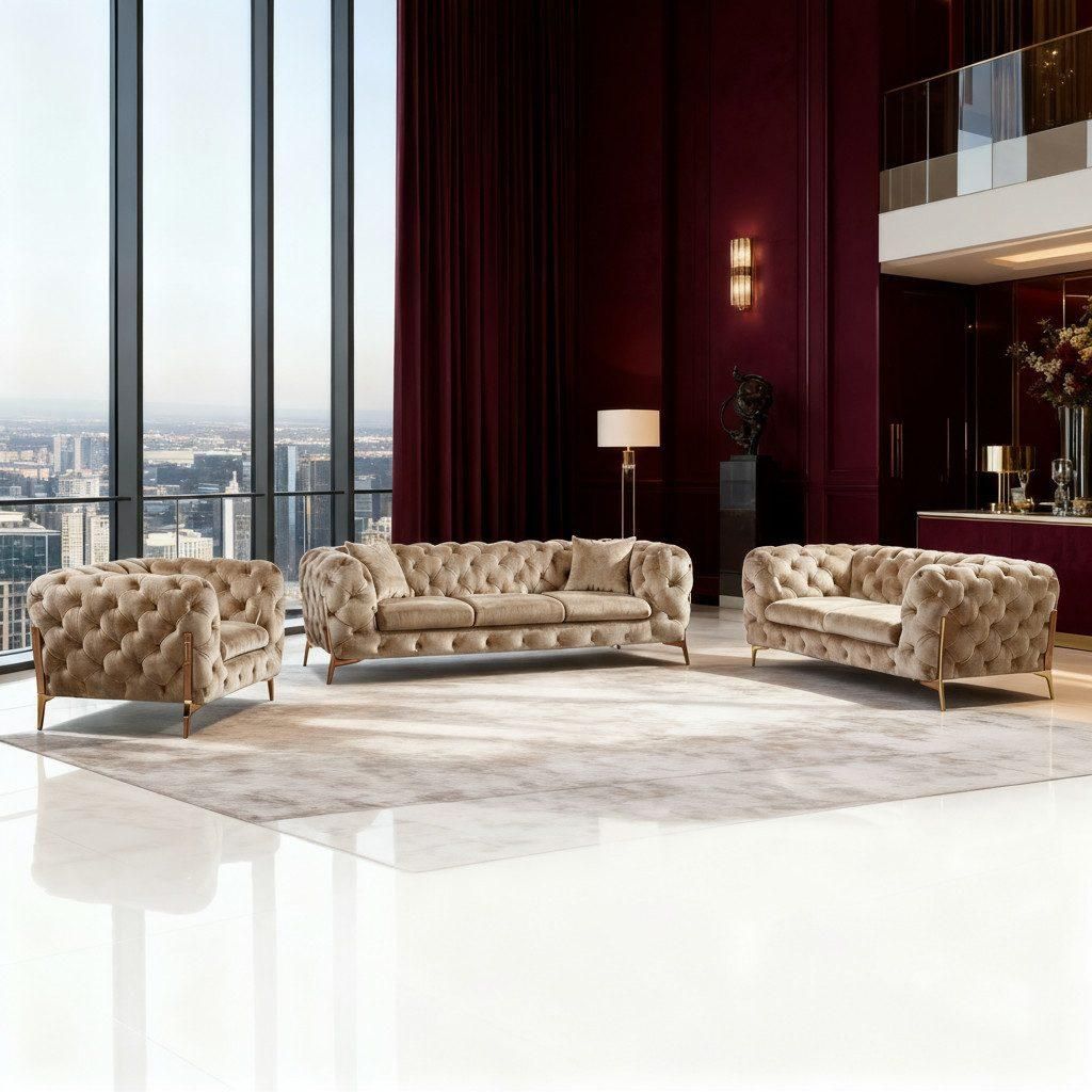 Sofa Monaco, zeitlose Eleganz mit edler Knopfheftung in m Samt Spar-Set, 3-Sitzer + 2-Sitzer + Sessel / Farbe: Bronzefarben | Beige