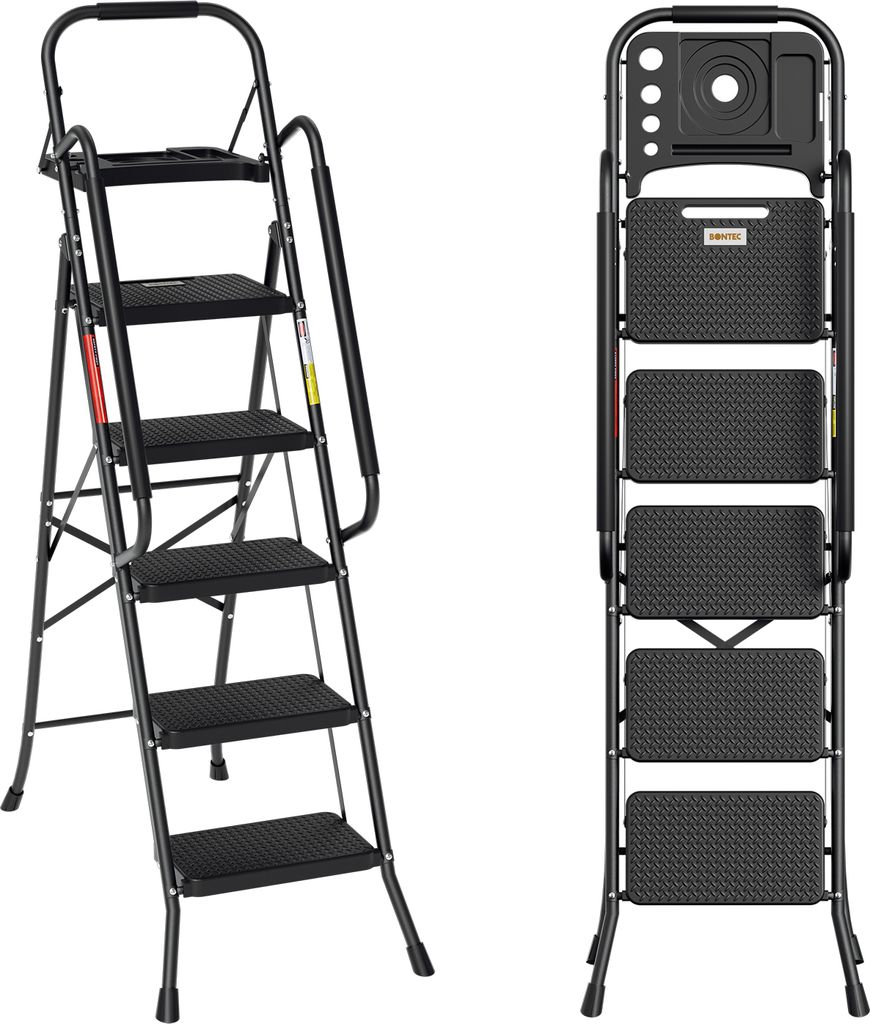 A product shot of a black stepladder shown in two configurations: one unfolded and one folded.