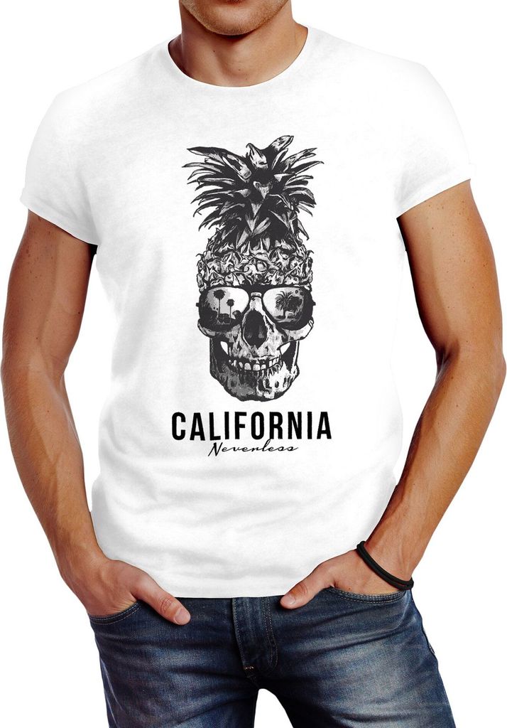Cooles Herren T-Shirt Pineapple Skull Sonnenbrille Ananas Totenkopf Slim Fit Neverless weiß 4XL