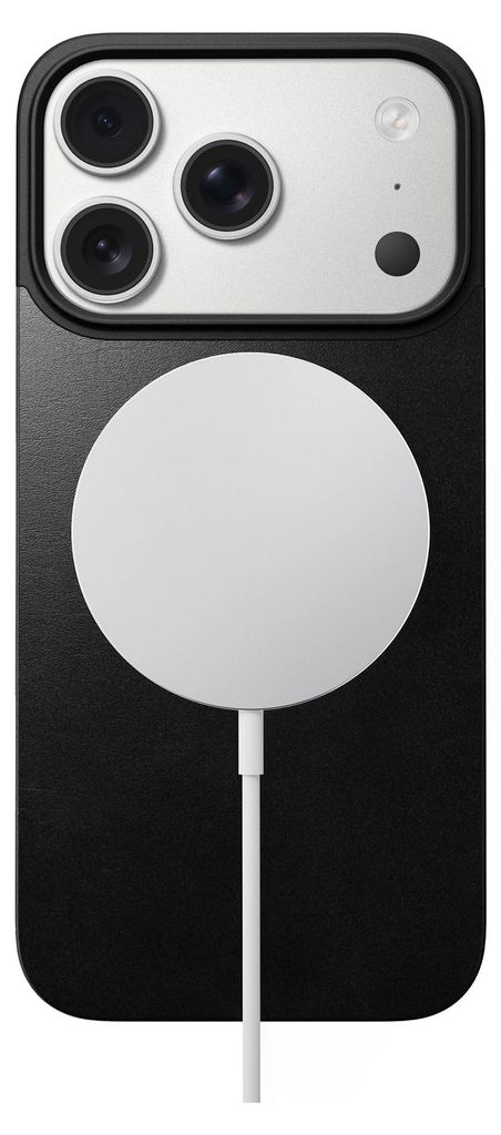 A black iPhone case with a white MagSafe charger attached.