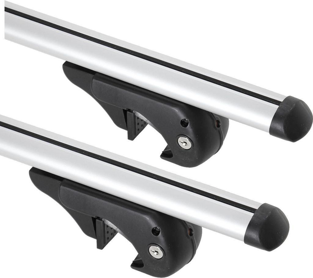 Two silver roof racks with black mounting brackets are shown against a white background.