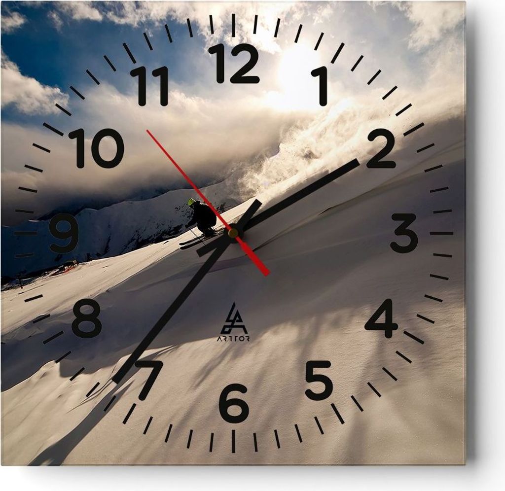 Wanduhr - Quadrat - Glasuhr - Berge Ski Winter - 40x40cm - Schleichendes Uhrwerk - Lautlos - zum Aufhängen bereit - Dekoration Modern - Wanddekora...