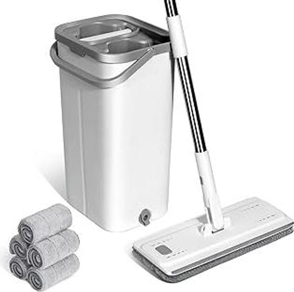 Masthome Wischmopp Set mit Eimer,Bodenwischer Set mit 5 Mikrofaser Moppkopf, Wischer Boden für Nass und Trockengebrauch, Einstellbar Edelstahlgrif...