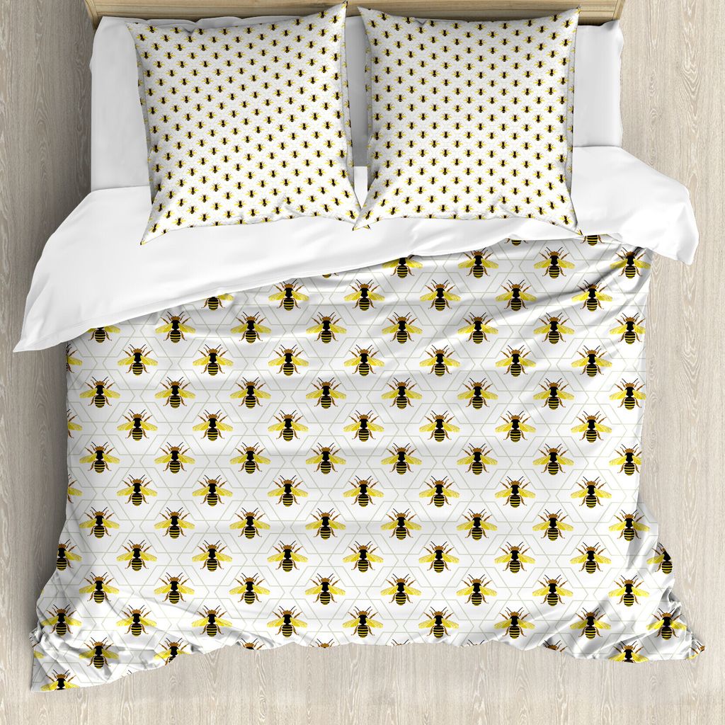 ABAKUHAUS Bienenkönigin Bettbezug Set für Einzelbetten, Silhouetten auf Hexagons, Milbensicher Allergiker geeignet mit Kissenbezug, 155 cm x 220 ...