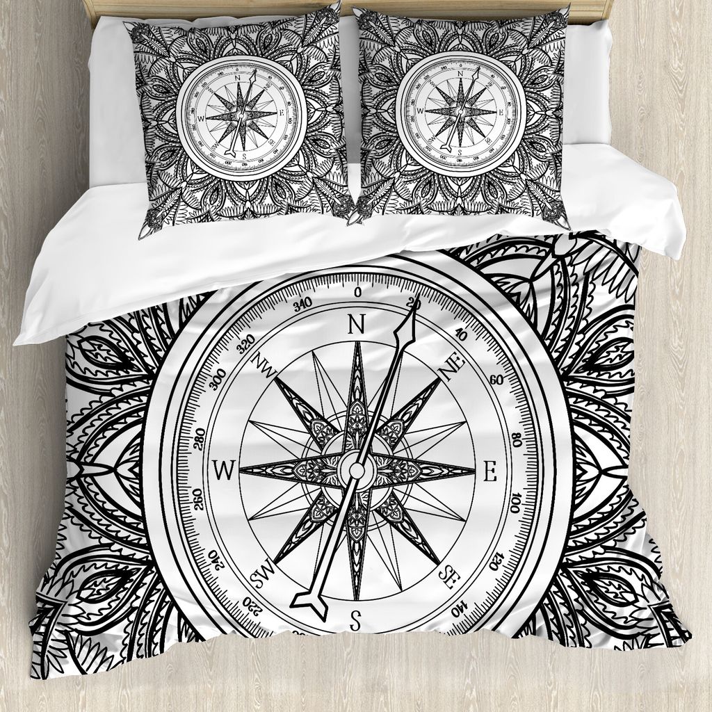 ABAKUHAUS Jahrgang Bettbezugs Set Für Doppelbetten, Windrose Kompass Art, Milbensicher Allergiker geeignet mit Kissenbezügen, Schwarz Weiss