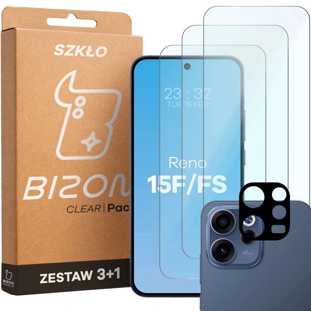 3x Gehärtetes Glas + Kameraschutz für Oppo Reno 15 F / FS, Bizon Glass Clear Pack