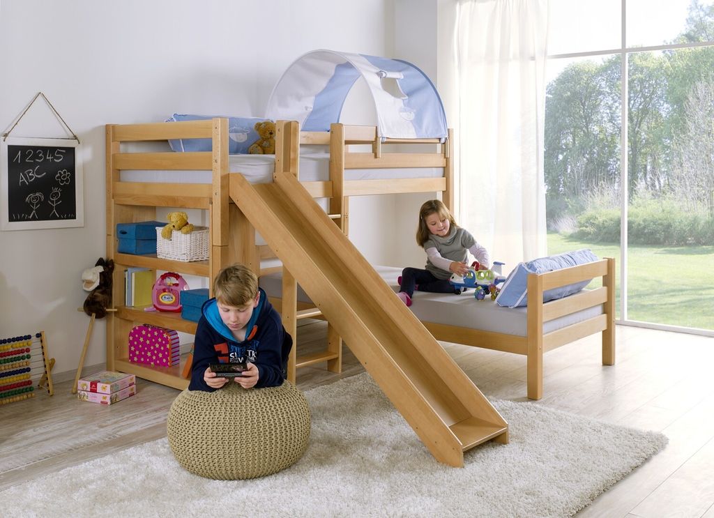 Etagen- bzw. 2. Einzelbetten Beni Buche massiv Natur lackiert mit Rutsche 90x200