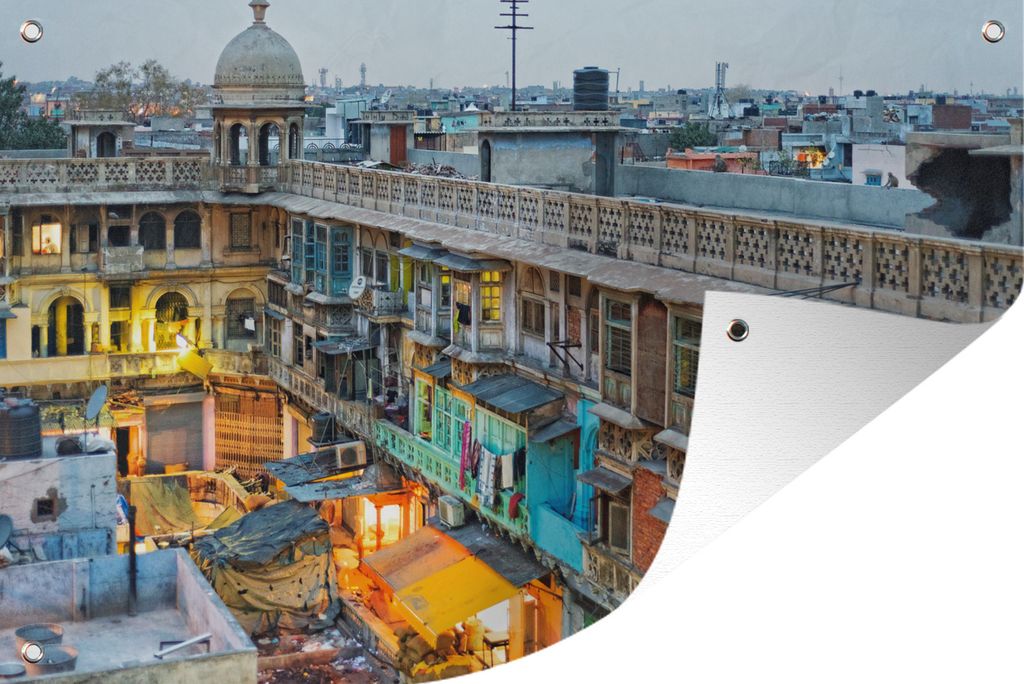 MuchoWow 90x60 cm Outdoor-Poster Gartendeko Sichtschutz Garten Poster für den Garten Blick auf die bunten Wohnungen in Alt-Delhi