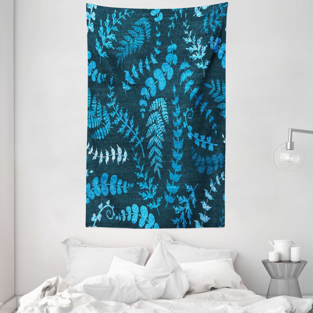 ABAKUHAUS Blau Wandteppich und Tagesdecke, Blumenstrudel Blätter Ast aus Weiches Mikrofaser Stoff Waschbar ohne Verblassen Digitaldruck, 140 x 230...