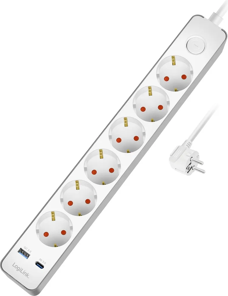 Multiprise 6 prises anti-encombrement avec USB-C PD 20W, blanc, 1,4 mètre