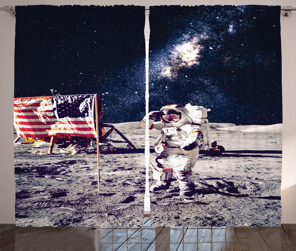 ABAKUHAUS Galaxis Rustikaler Vorhang, USA-Flagge und Astronaut, Wohnzimmer Universalband Gardinen mit Schlaufen und Haken, 280 x 175 cm, Grau Dunke...