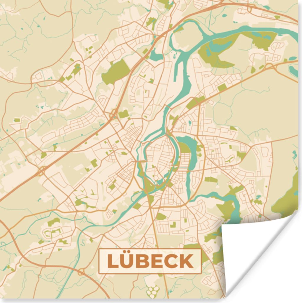 MuchoWow Poster Stadtplan - Karte - Lübeck - Vintage 50x50 cm - Wohnzimmerdekoration