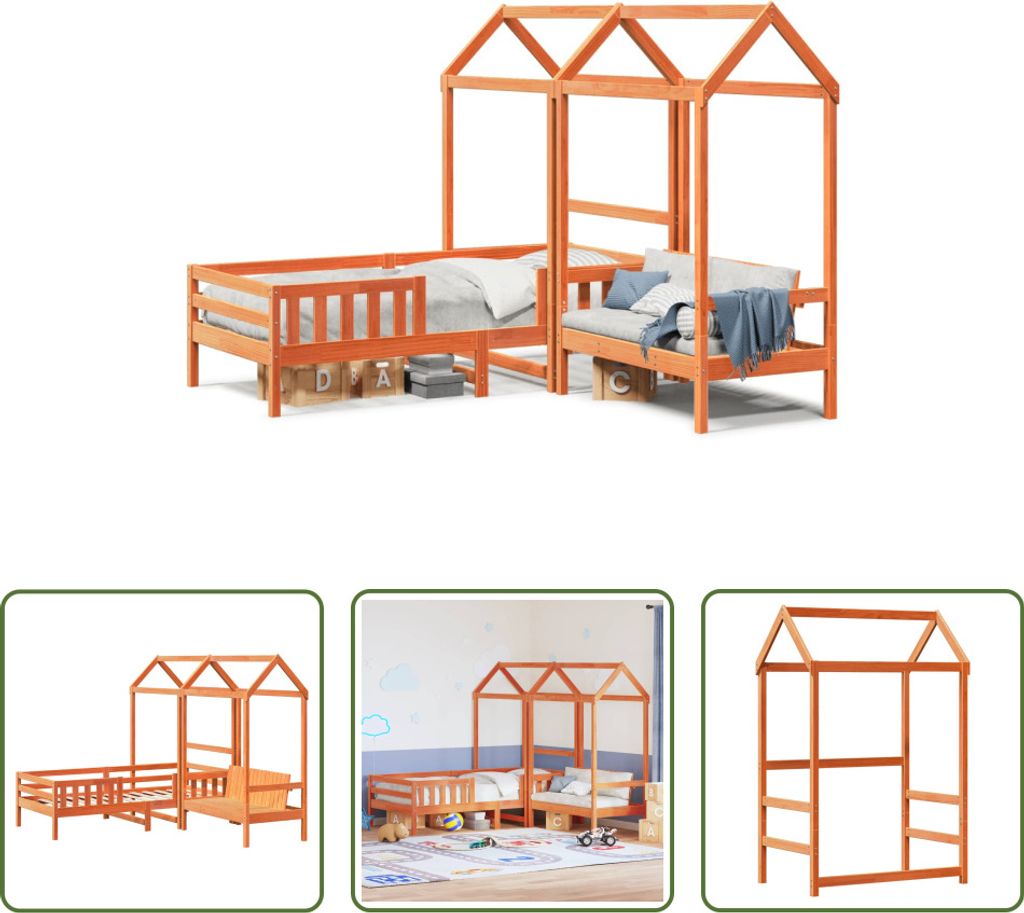 The Living Store Massivholzbett und Bank mit Dach Orange 75x190 cm Kiefernholz