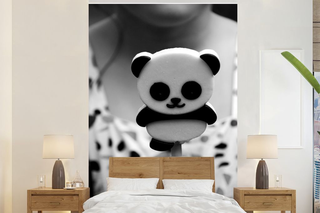 MuchoWow Fototapete für Wohnzimmer oder Schlafzimmer Wandtapete Vinyl Motivtapete Eiscreme in Pandaform - schwarz und weiß - 225x350 cm - Schla...