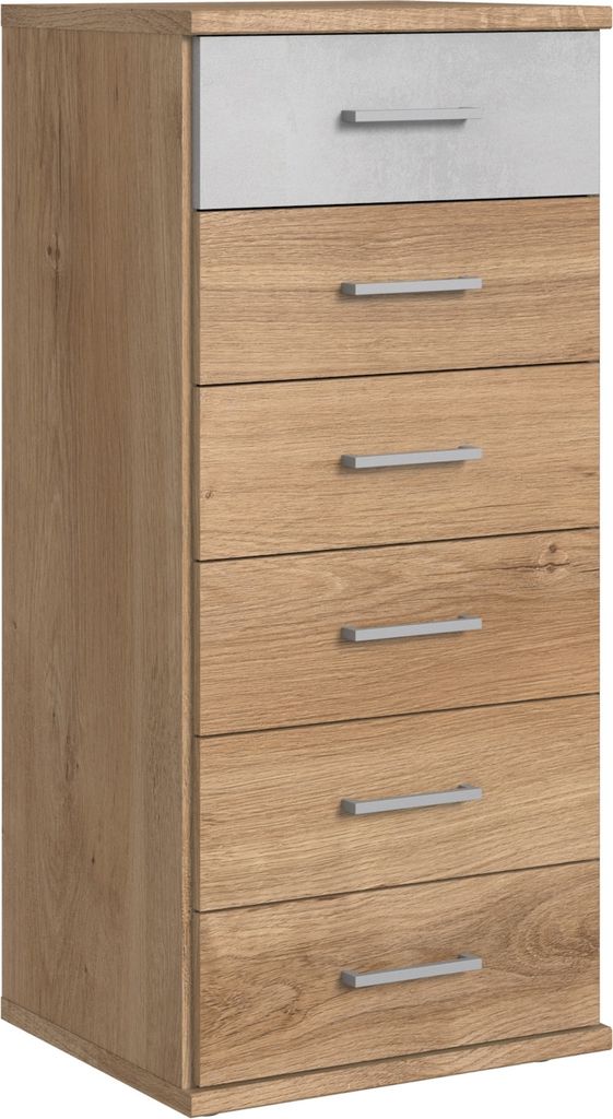 Kommode "Click" aus Spanplatte in Plankeneiche-Nachbildung mit 6 Schubladen. Abmessungen (B/H/T) 46x106x40 cm
