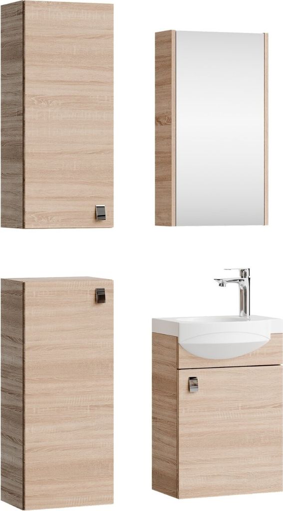 Planetmöbel Badmöbel-Set Waschtisch mit Unterschrank 40 cm, Spiegelschrank 40 cm & 2X Midischränke Sonoma Eiche