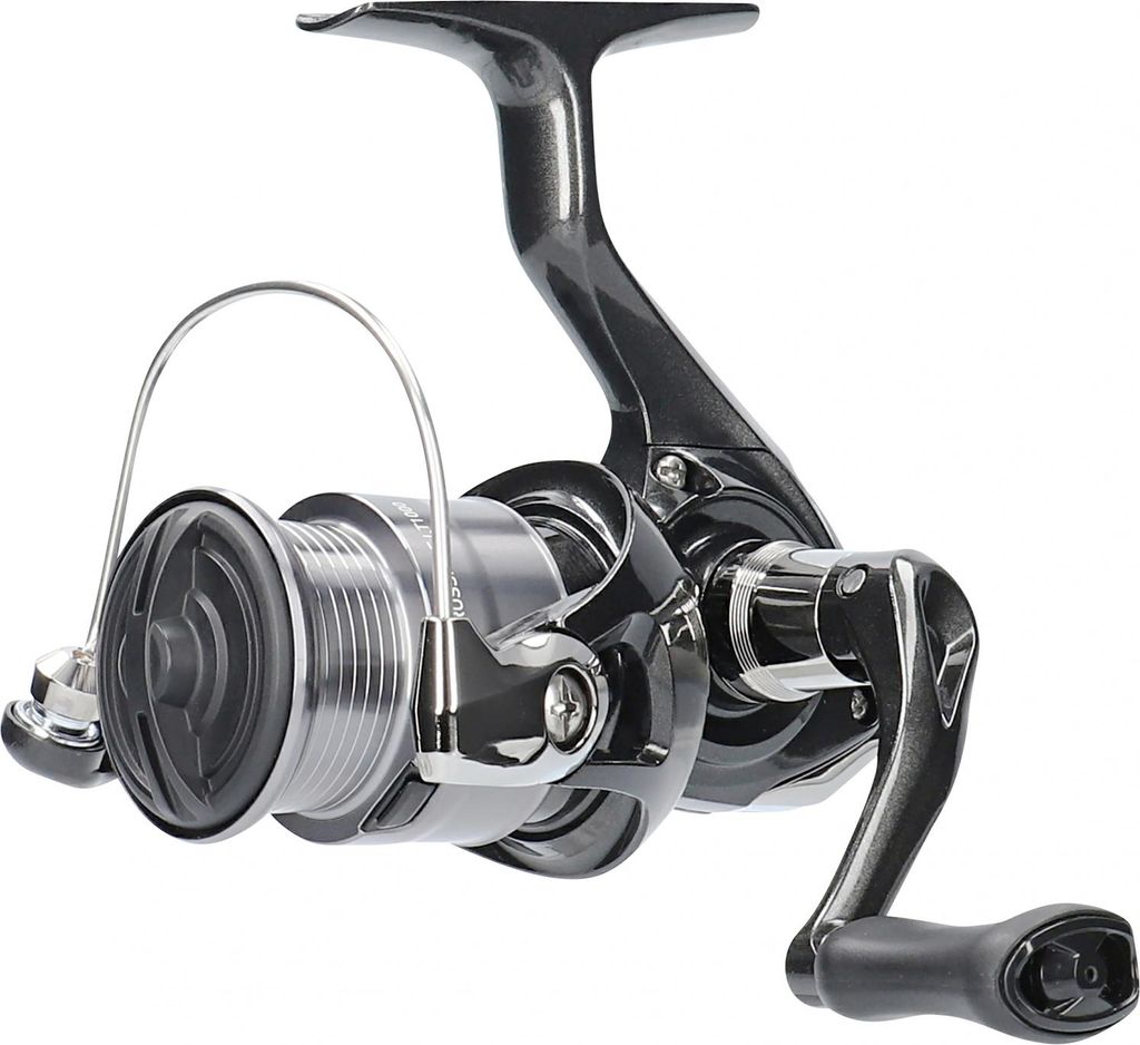 A studio shot of a fishing reel against a white background.