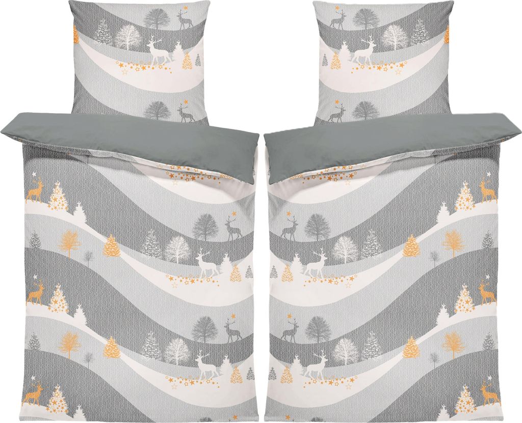 4 teilig Bettwäsche 155x220 cm Rentiere Weihnachten Winterlandschaft Biber Winter Flanell Baumwolle