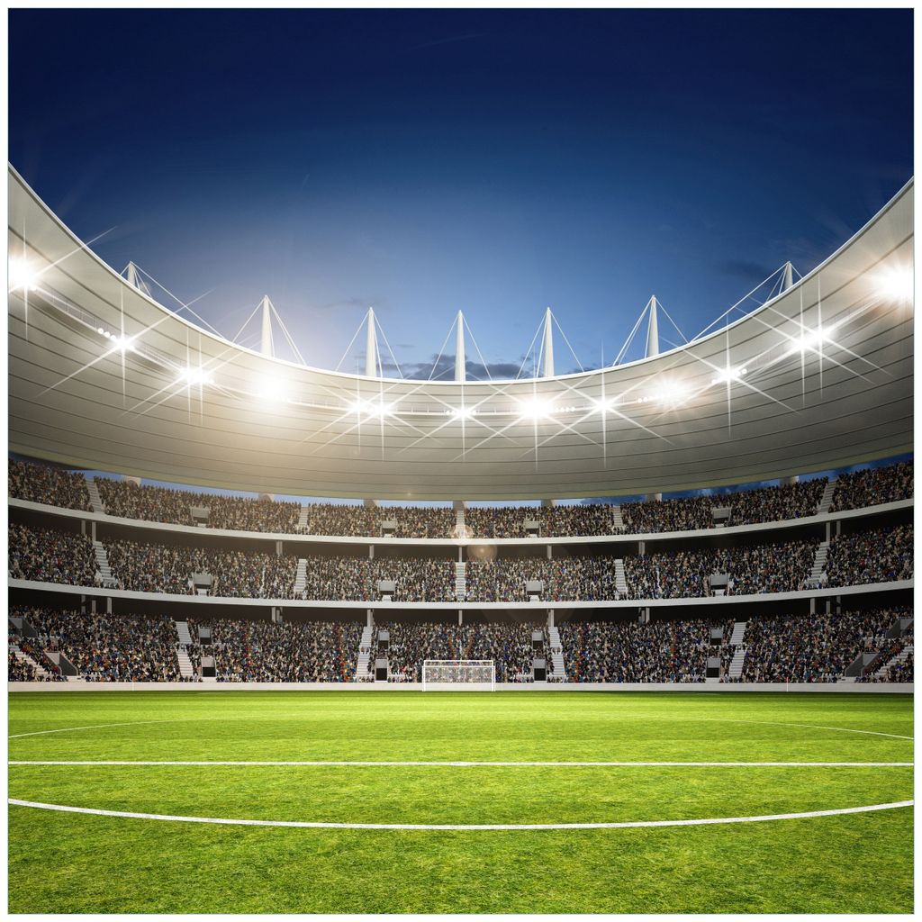 Wallario Premium Glasbild, freischwebende Optik, kräftige Farben, Größe 50 x 50 cm Motiv Fußballstadion Mittellinie