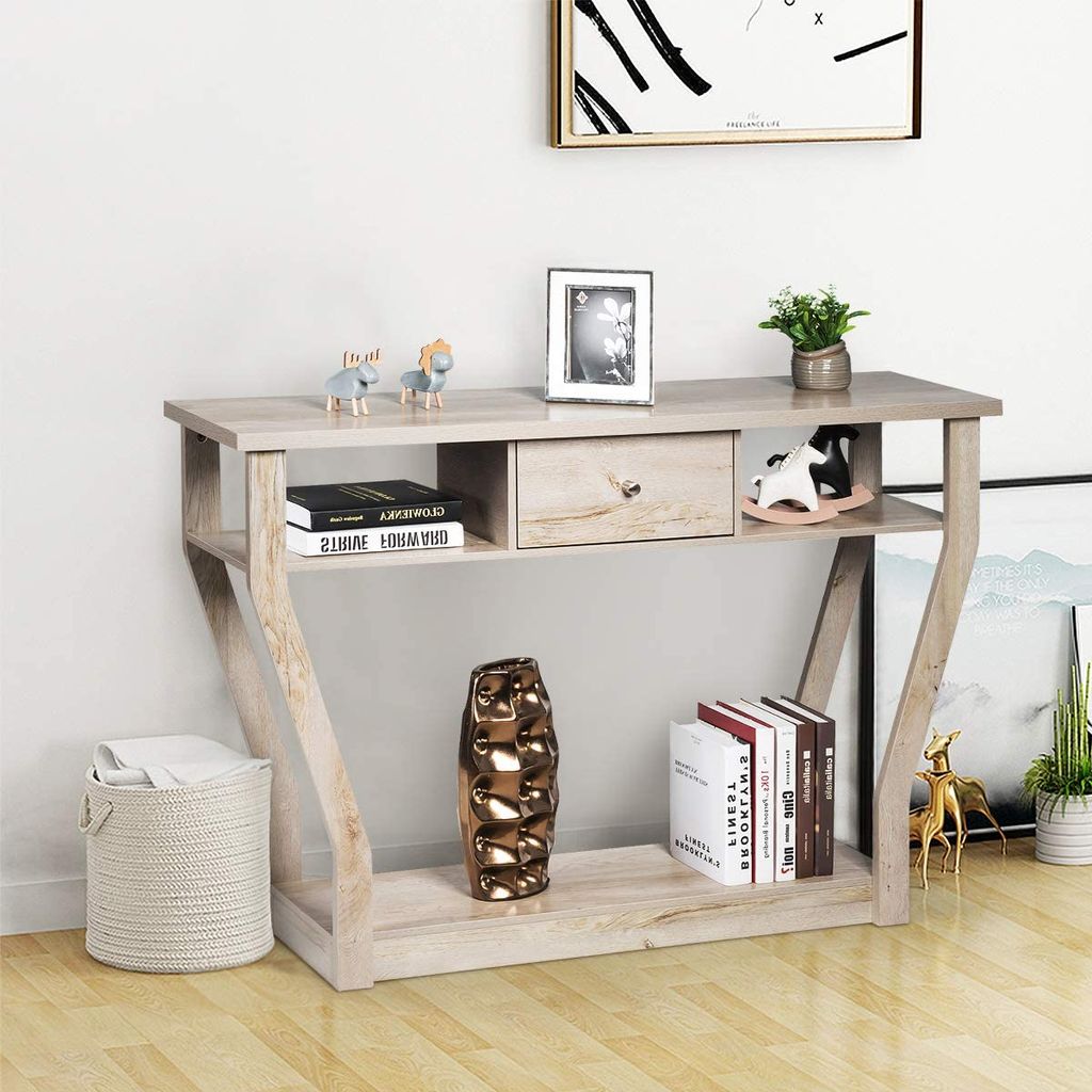 Konsolentisch aus Holz, mit 3 Etagen, schmal und kompakt, Schublade mit Griff, Konsole für Wohnzimmer, Wohnzimmer, Eingang, Tragkraft 60 kg, 120 x...