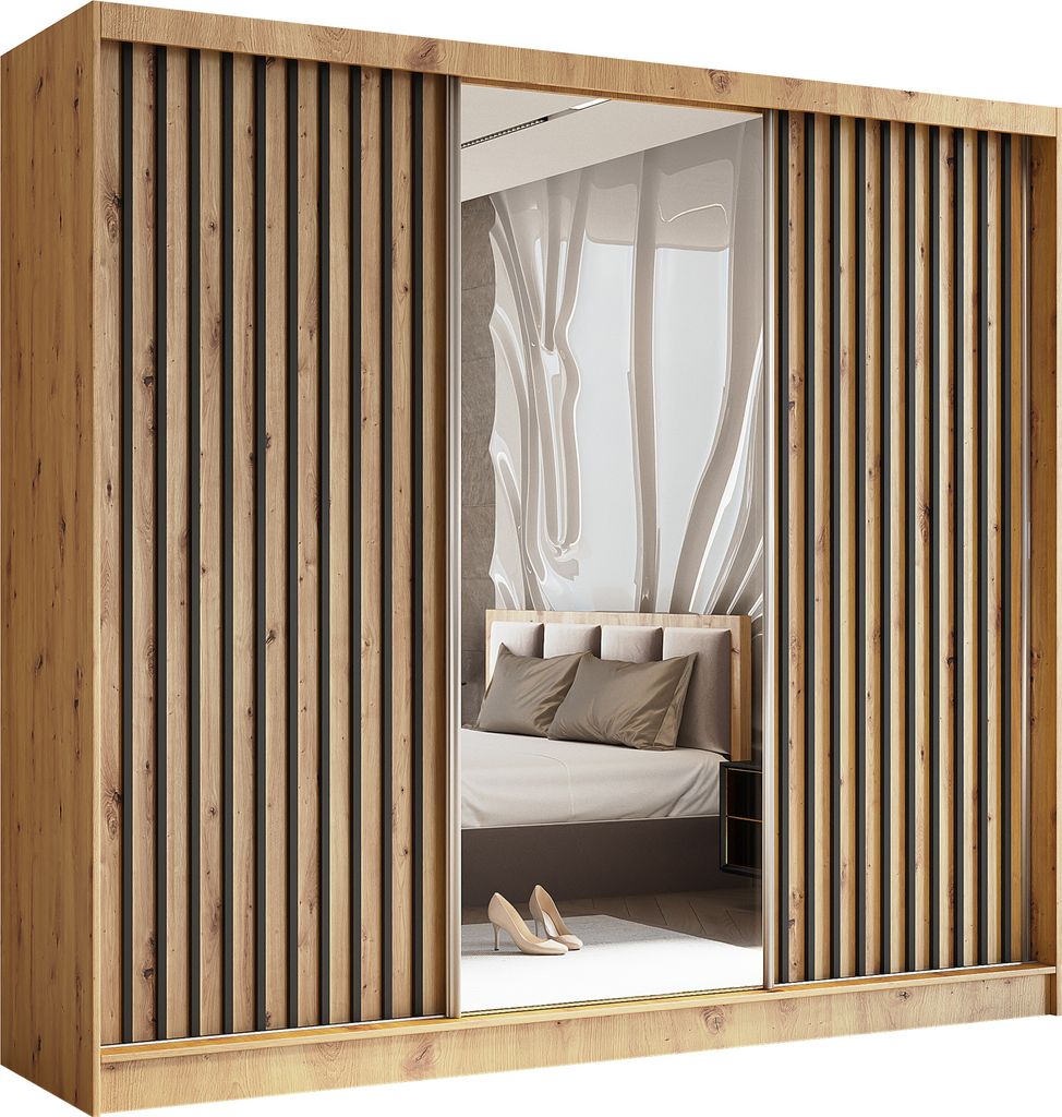 Masseno Schiebetürenschrank LAMELLO 240 cm Kleiderschrank Schlafzimmer Schrank 3-türig mit Spiegel und Lamellen Eiche Artisan