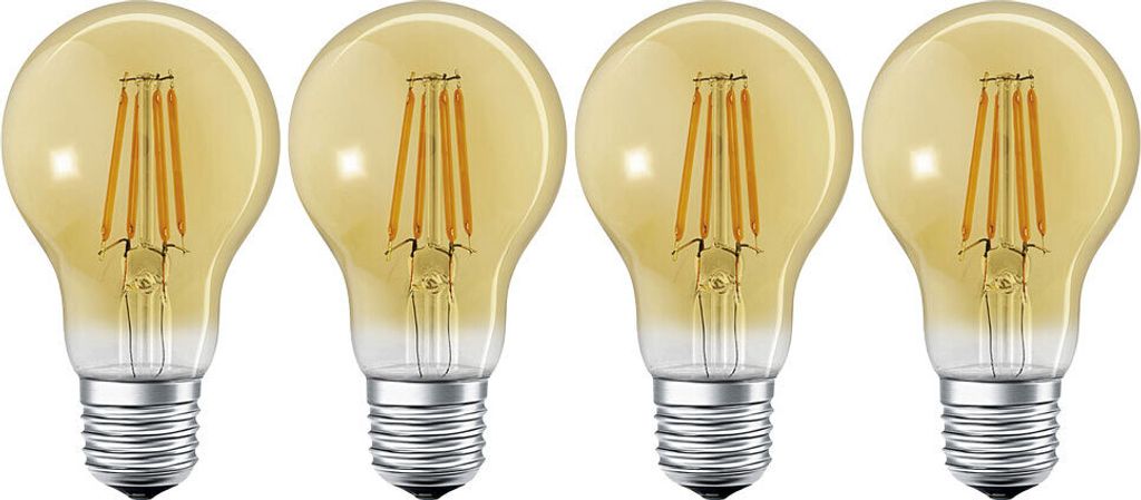 Four LED filament light bulbs are arranged in a row against a white background.