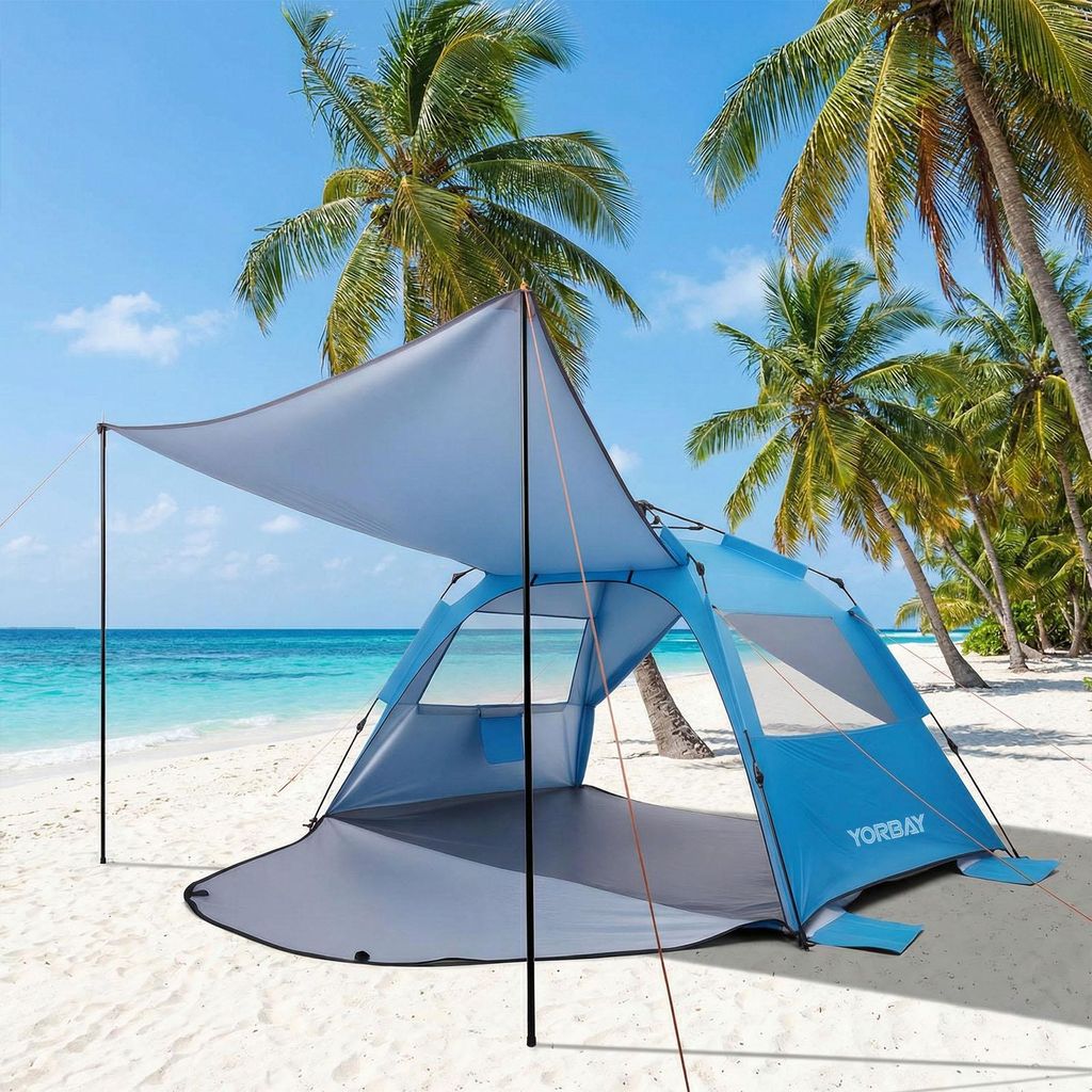 Yorbay Strandmuschel Automatik-Strandzelt Campingzelt für 3-4 Personen,mit Erweiterbare Sonnendach Strandmuschel UV Schutz 50+ mit 2 Fenster