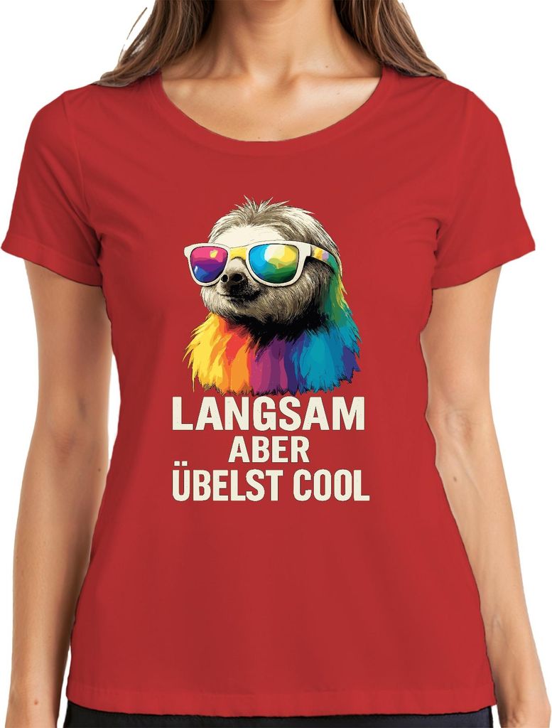 Langsam aber übelst cool Faultier Sonnenbrille Regenbogen Retro Damen T-Shirt, Rot, S
