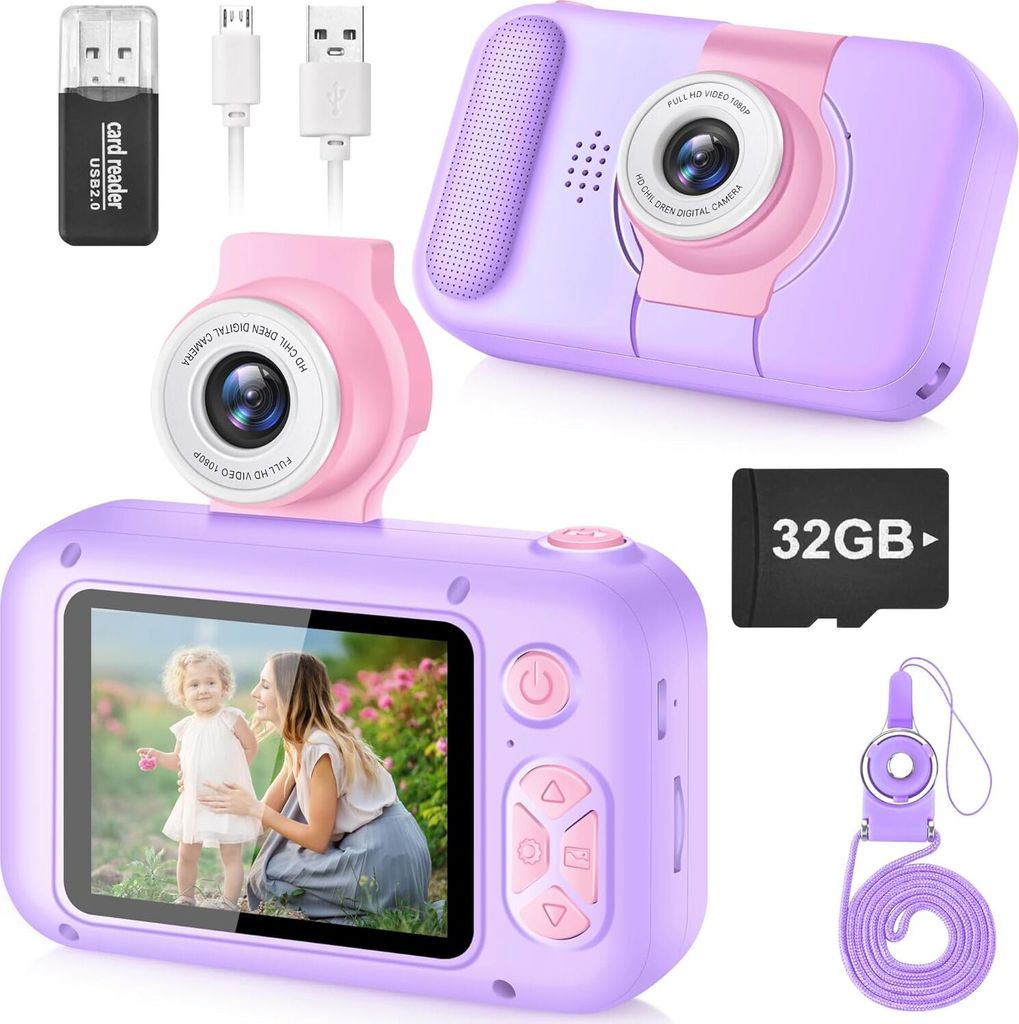 Selfie Kamera Kinder,Geschenk für3 4 5 6 7 8 9 10Jahre Mädchen und Junge,2.4in Display Digitalkamera Kinder,180°Flip Objektiv,Spielzeug ab 3 Jahre